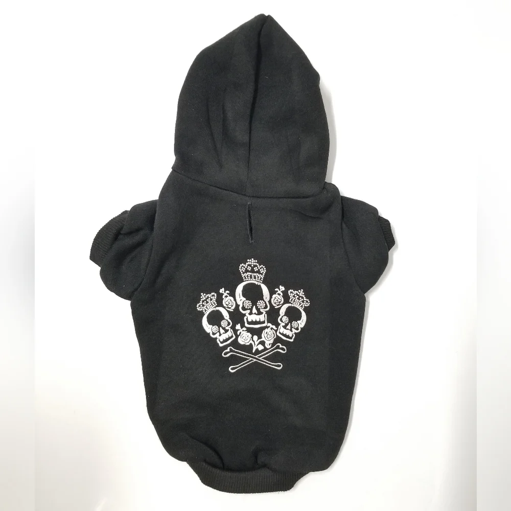 Crowned Crossbone & Rose Black & Silver Dog Hoodie Pet Sweatshirt Sz S